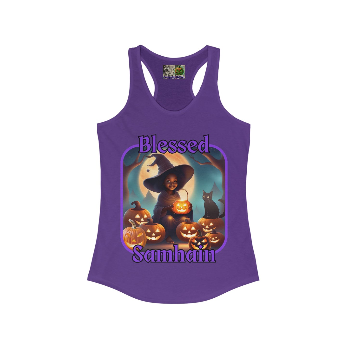 Blessed Samhain Cute Witch Purple font Women's Racerback Tank Top by CreepyCrafts.boo