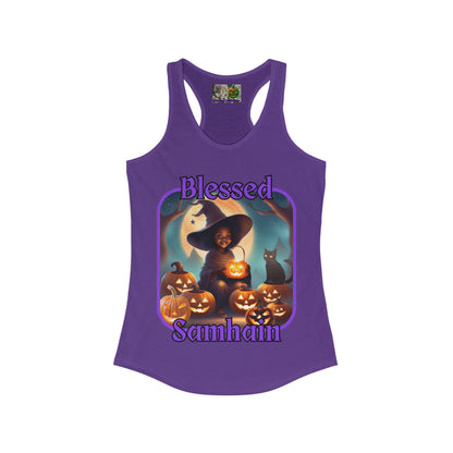 Blessed Samhain Cute Witch Purple font Women's Racerback Tank Top by CreepyCrafts.boo