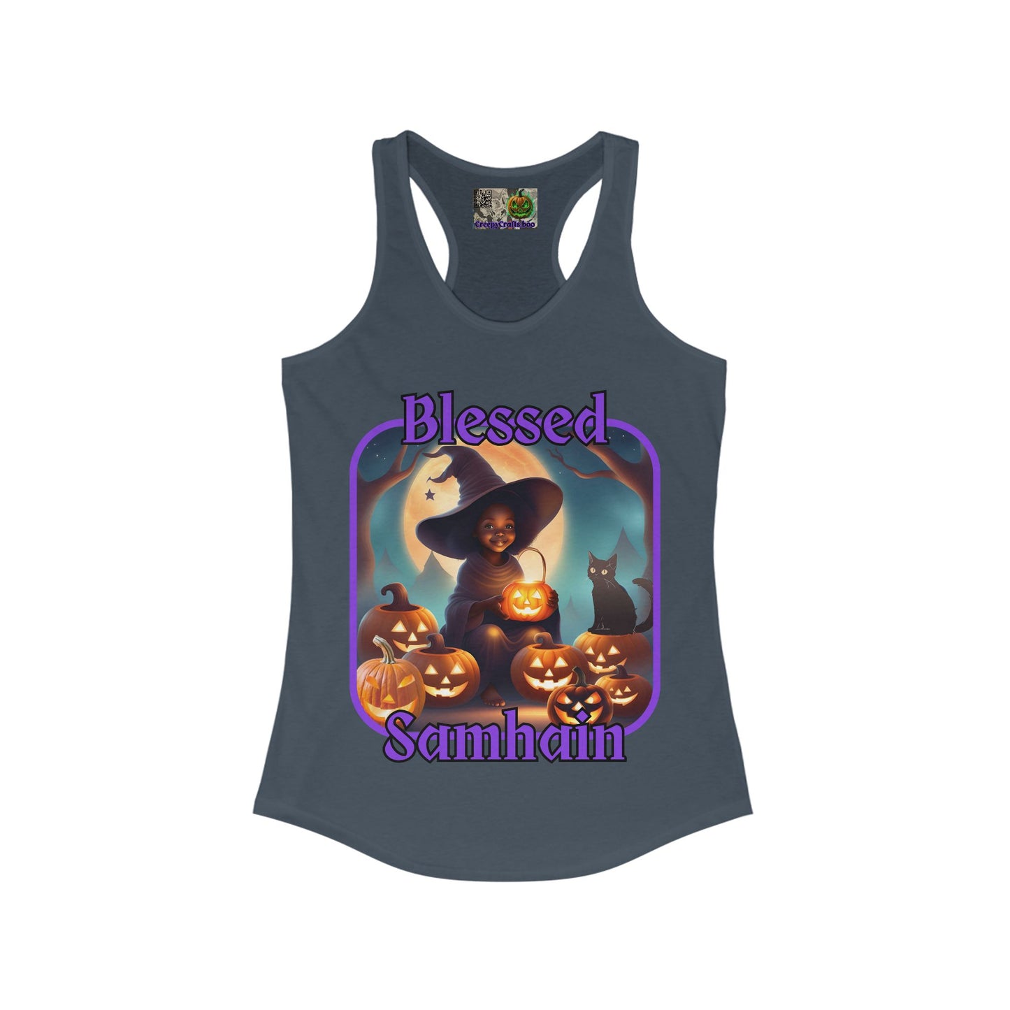 Blessed Samhain Cute Witch Purple font Women's Racerback Tank Top by CreepyCrafts.boo