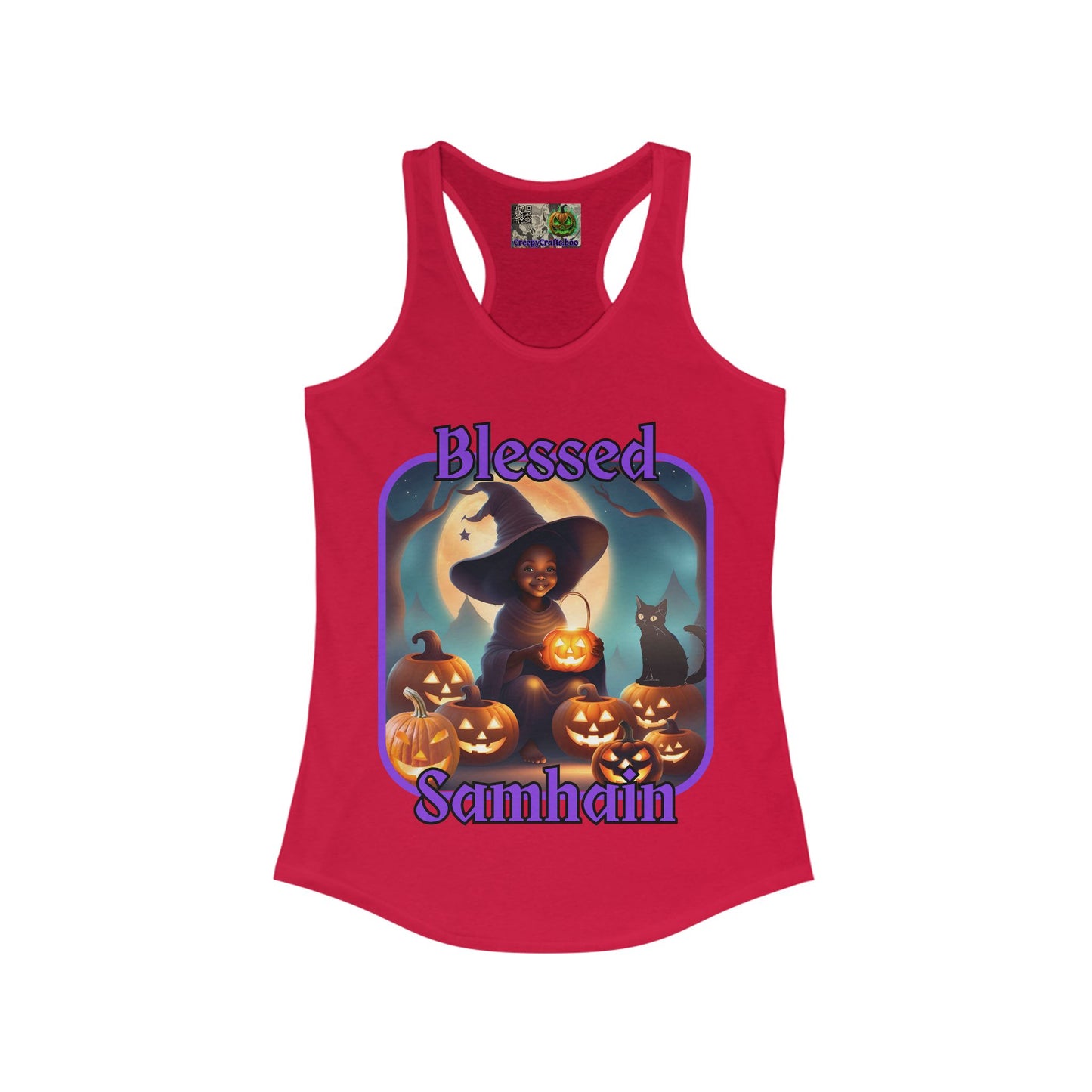 Blessed Samhain Cute Witch Purple font Women's Racerback Tank Top by CreepyCrafts.boo
