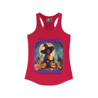 Blessed Samhain Cute Witch Purple font Women's Racerback Tank Top by CreepyCrafts.boo