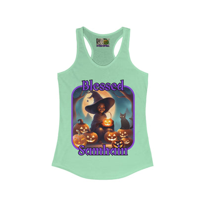 Blessed Samhain Cute Witch Purple font Women's Racerback Tank Top by CreepyCrafts.boo