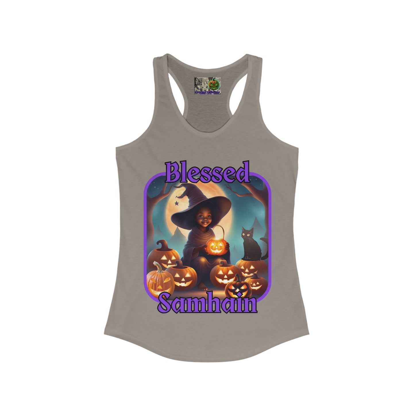 Blessed Samhain Cute Witch Purple font Women's Racerback Tank Top by CreepyCrafts.boo
