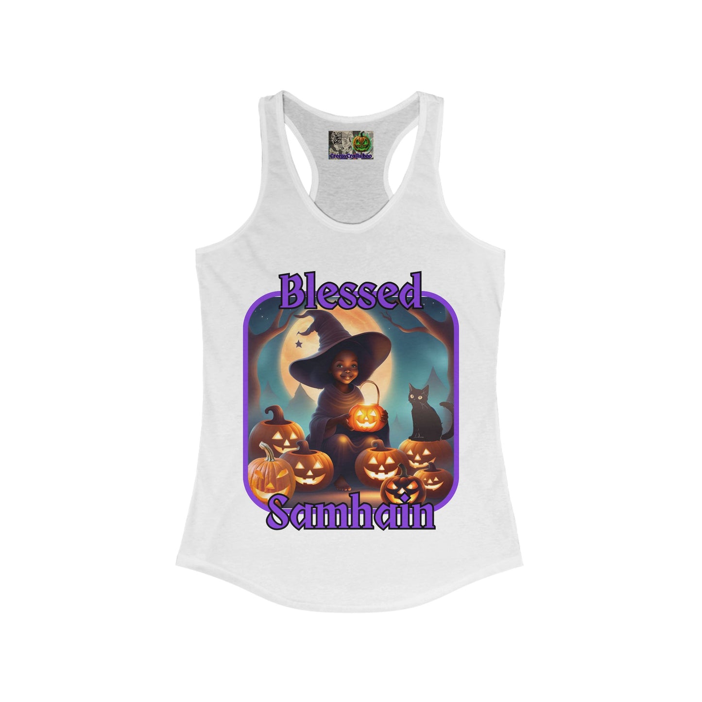 Blessed Samhain Cute Witch Purple font Women's Racerback Tank Top by CreepyCrafts.boo