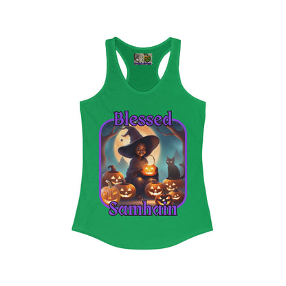 Blessed Samhain Cute Witch Purple font Women's Racerback Tank Top by CreepyCrafts.boo