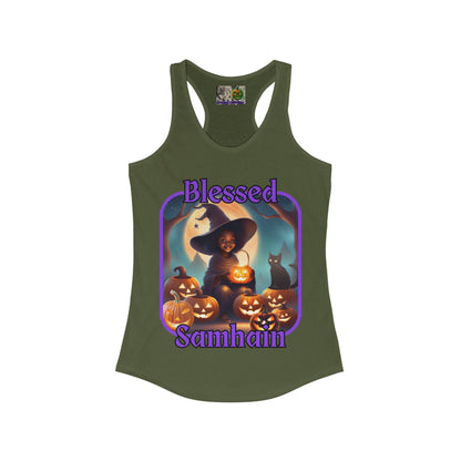 Blessed Samhain Cute Witch Purple font Women's Racerback Tank Top by CreepyCrafts.boo