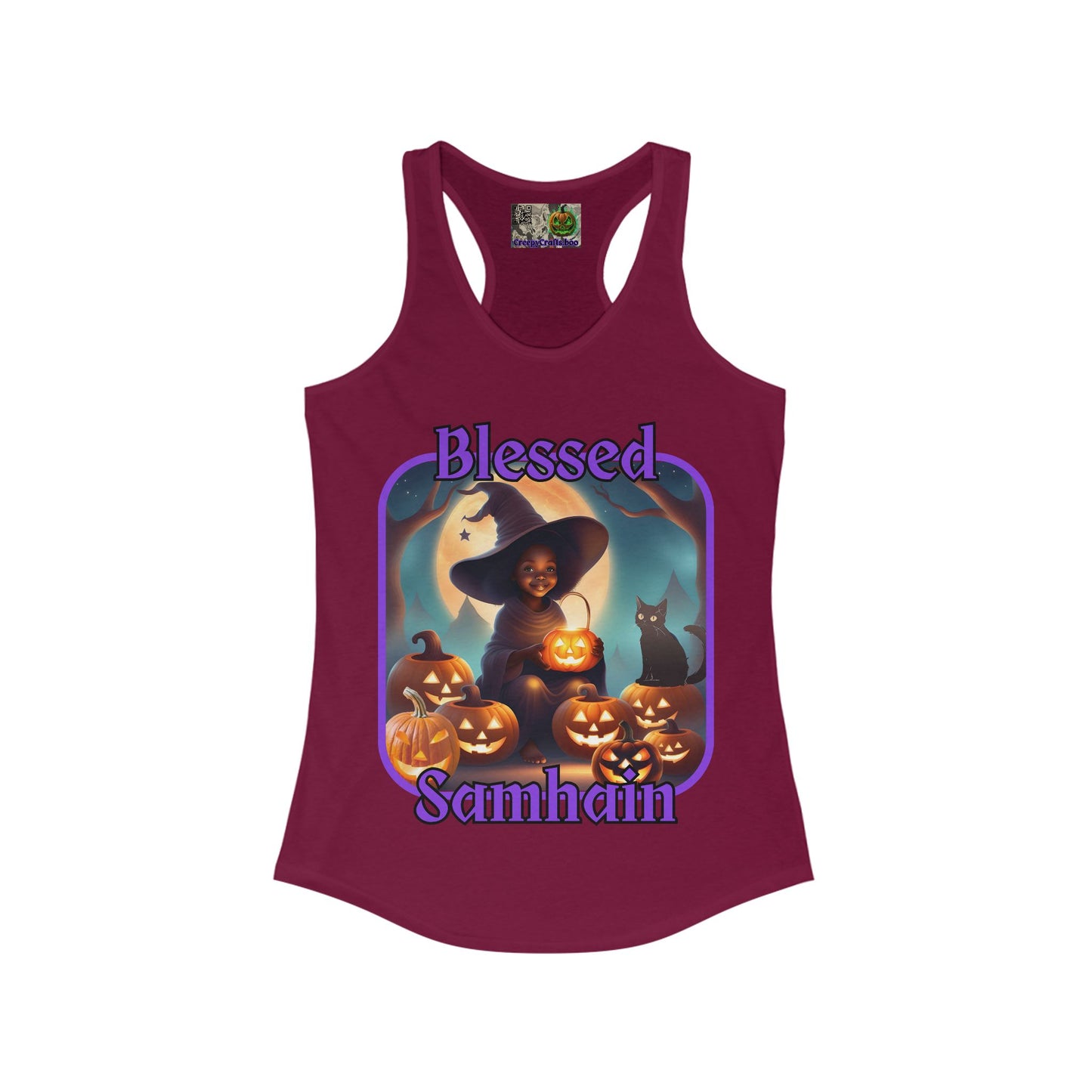 Blessed Samhain Cute Witch Purple font Women's Racerback Tank Top by CreepyCrafts.boo