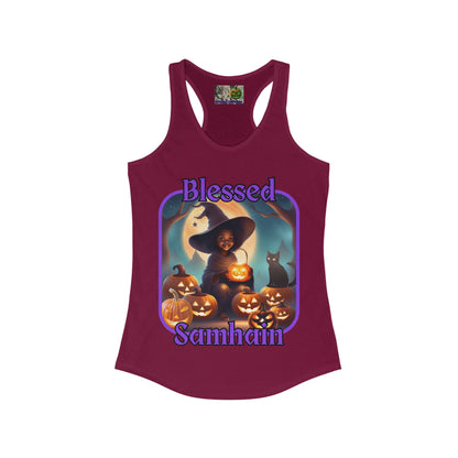 Blessed Samhain Cute Witch Purple font Women's Racerback Tank Top by CreepyCrafts.boo