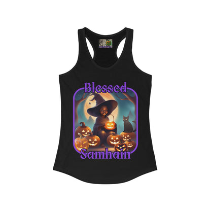 Blessed Samhain Cute Witch Purple font Women's Racerback Tank Top by CreepyCrafts.boo