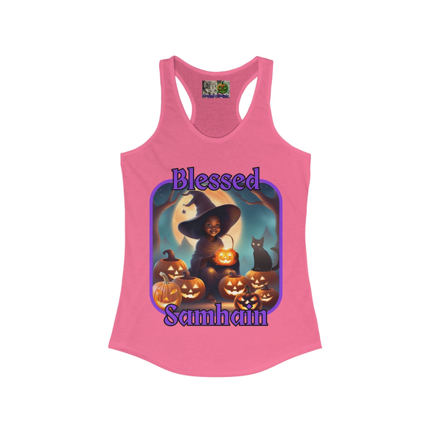 Blessed Samhain Cute Witch Purple font Women's Racerback Tank Top by CreepyCrafts.boo