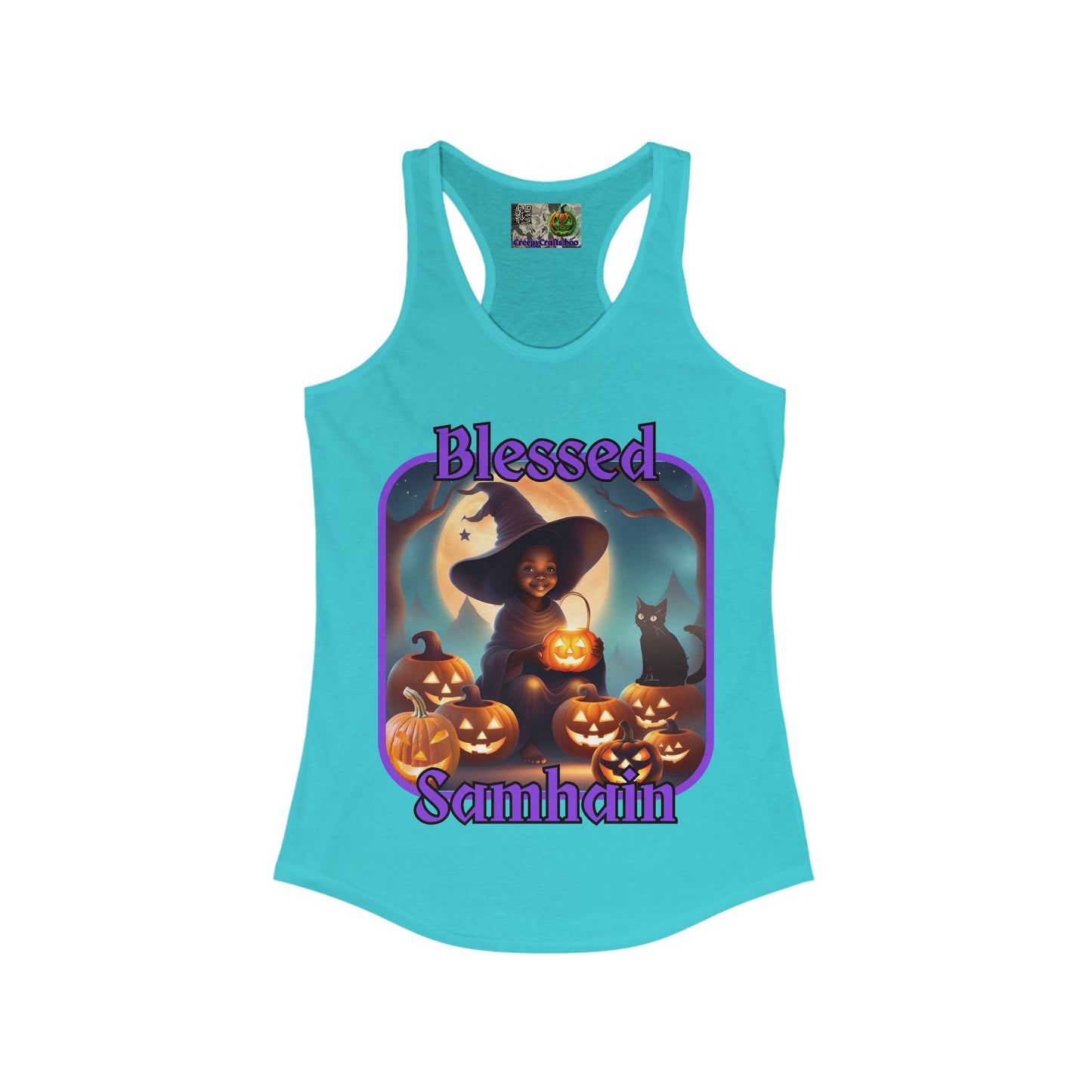 Blessed Samhain Cute Witch Purple font Women's Racerback Tank Top by CreepyCrafts.boo
