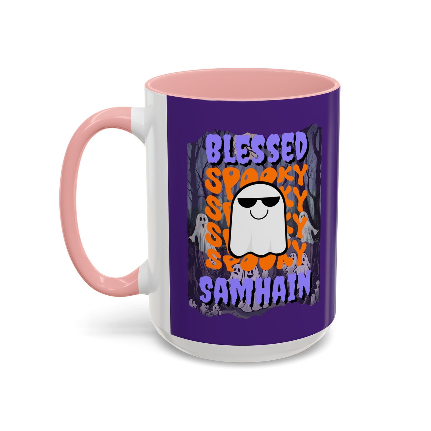 Spooky Blessed Samhain Ghost Purple font Accent Mug by CreepyCrafts.boo
