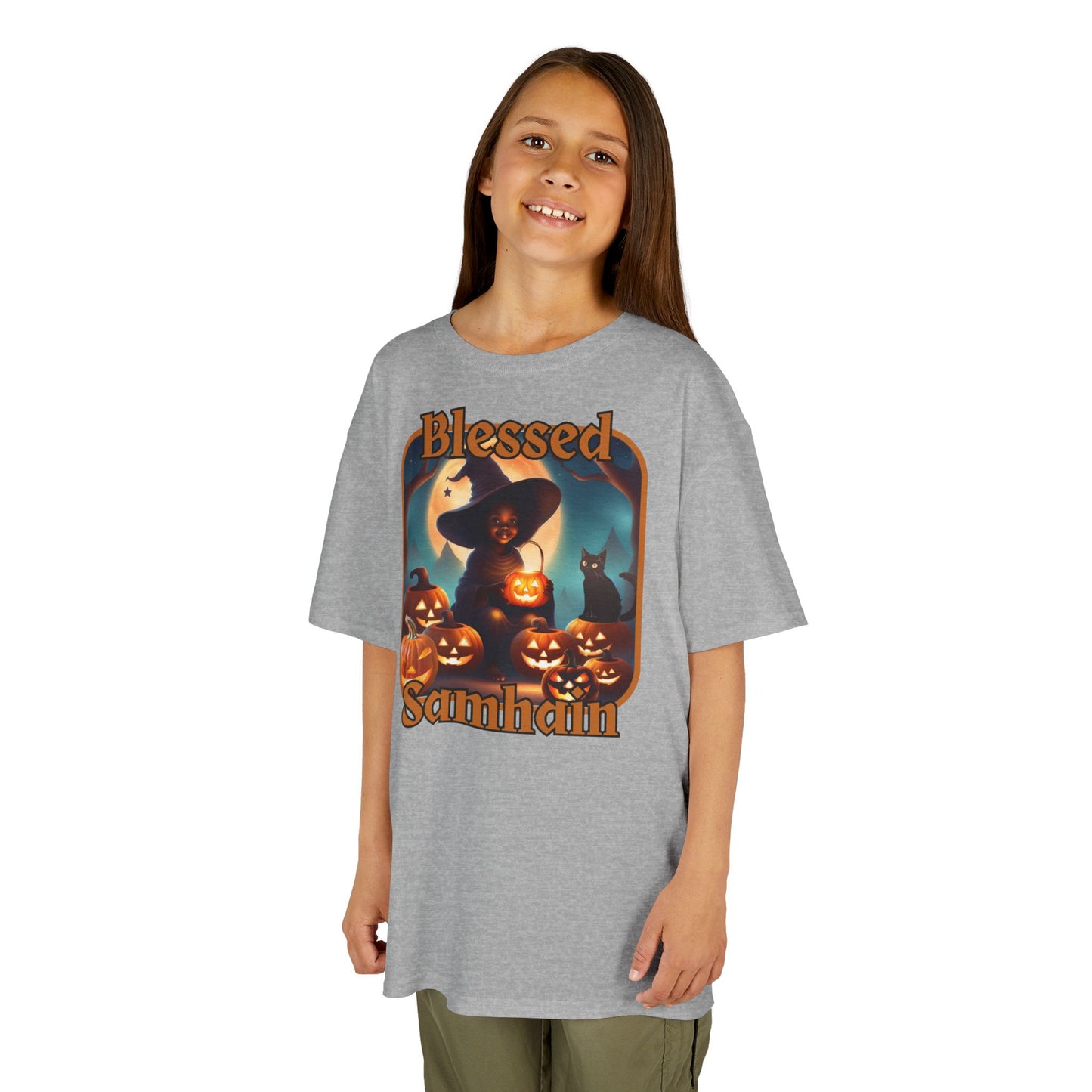 Blessed Samhain Cute Witch Orange font Kids Heavy Cotton™ Tee by CreepyCrafts.boo