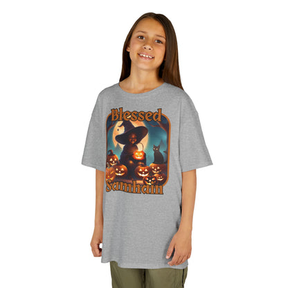 Blessed Samhain Cute Witch Orange font Kids Heavy Cotton™ Tee by CreepyCrafts.boo