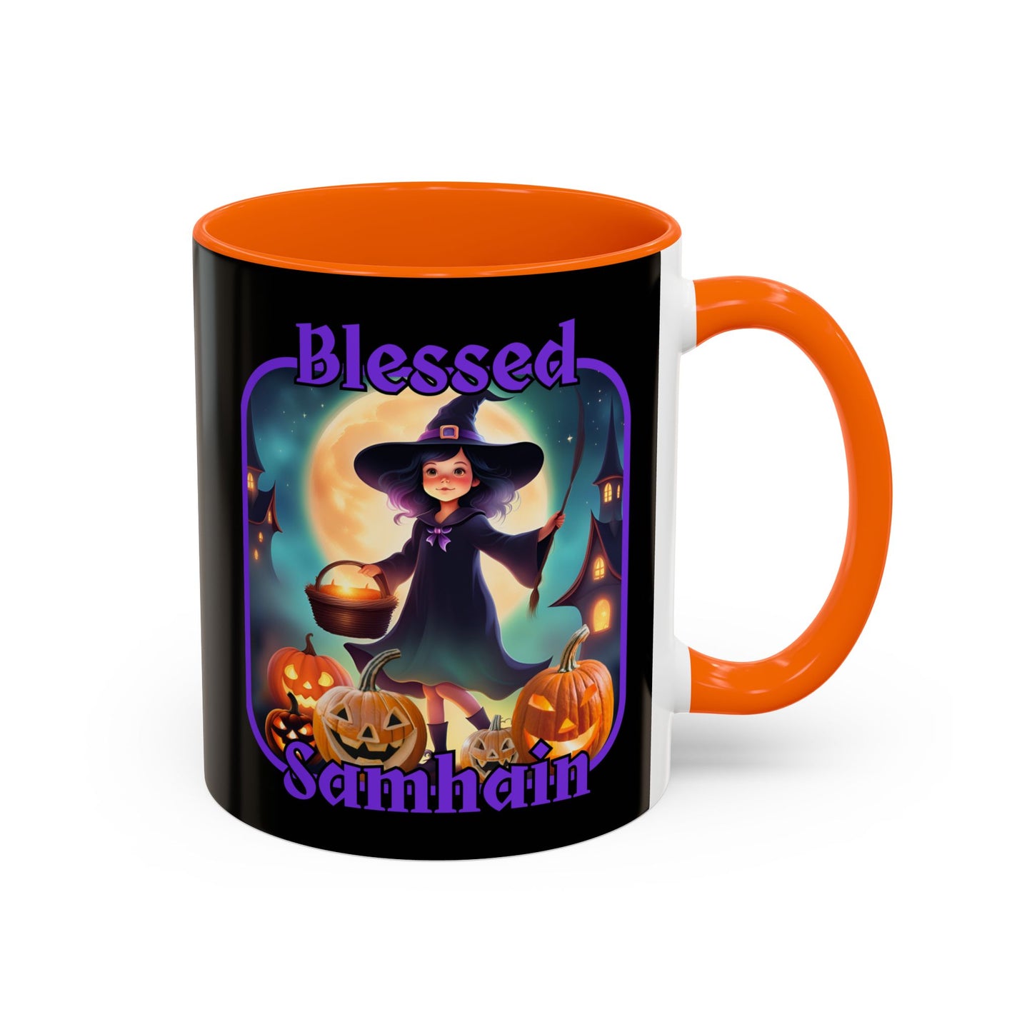 Blessed Samhain Little Witch Purple font Black Accent Mug by CreepyCrafts.boo