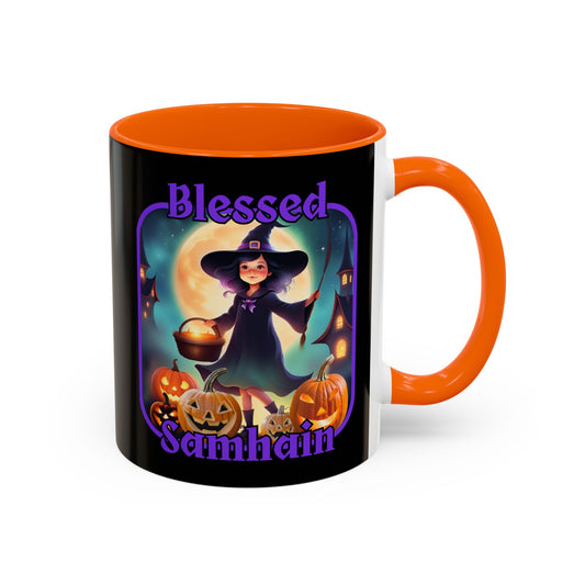 Blessed Samhain Little Witch Purple font Black Accent Mug by CreepyCrafts.boo
