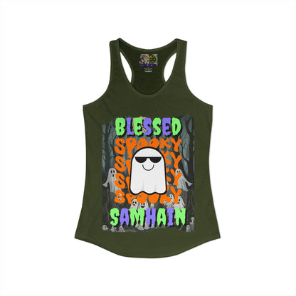 Spooky Blessed Samhain Ghost Mixed font Women's Racerback Tank Top by CreepyCrafts.boo