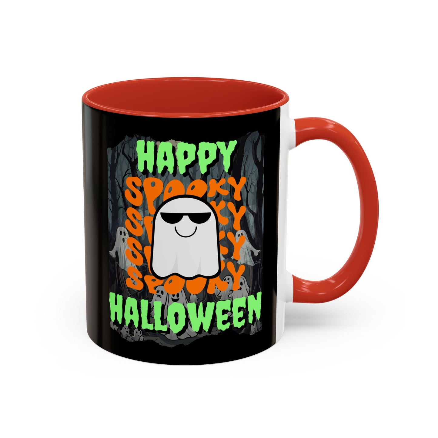 Spooky Happy Halloween Ghost Green font Black Accent Mug by CreepyCrafts.boo