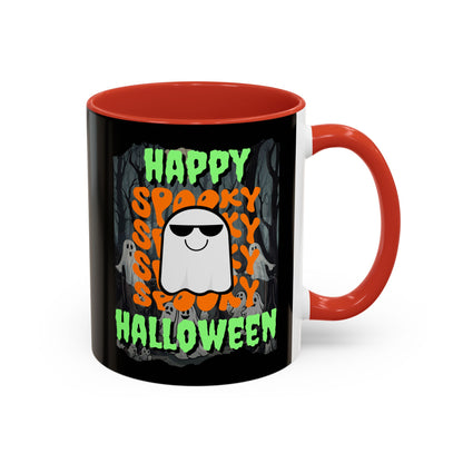 Spooky Happy Halloween Ghost Green font Black Accent Mug by CreepyCrafts.boo
