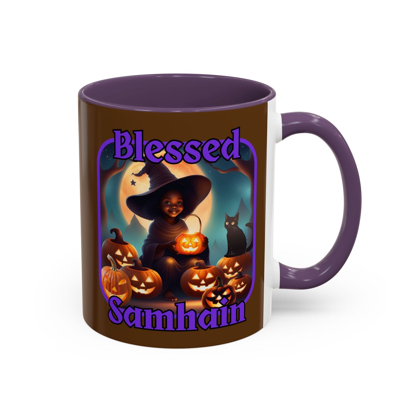 Blessed Samhain Cute Witch Purple font Brown Accent Mug by CreepyCrafts.boo