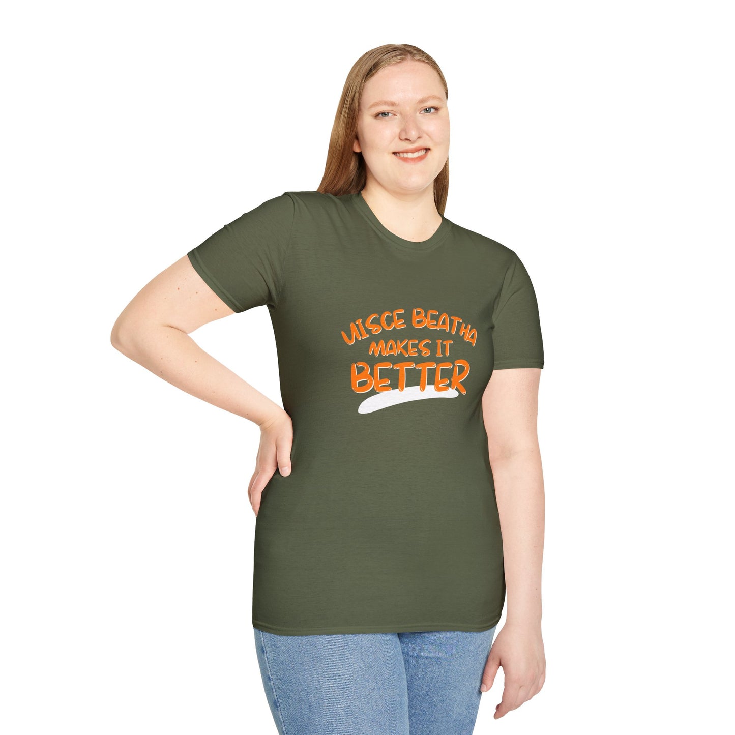 Uisce Beatha makes it better Orange font Dark colors Unisex T-Shirt by cypherpunkgear.com
