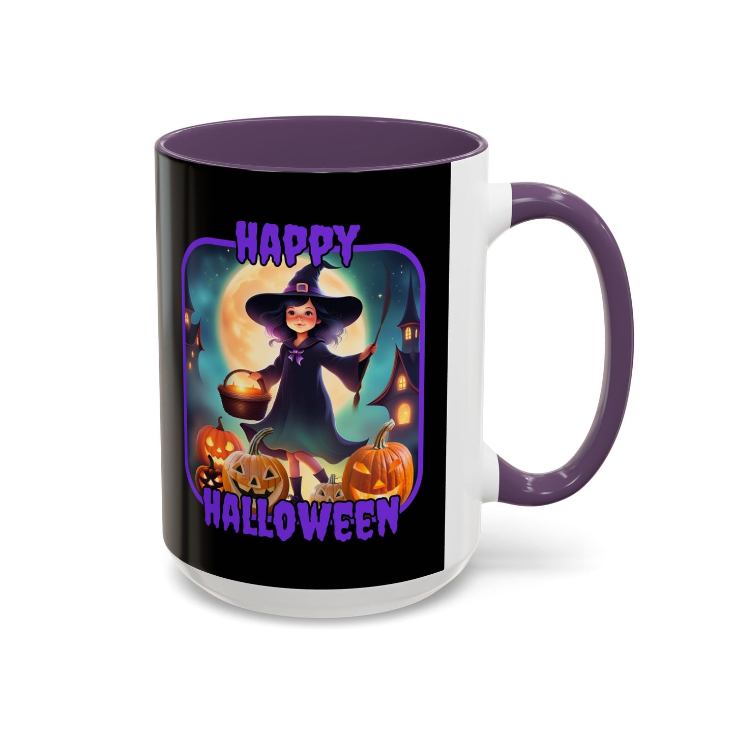 Happy Halloween Little Witch Purple font Black Accent Mug by CreepyCrafts.boo