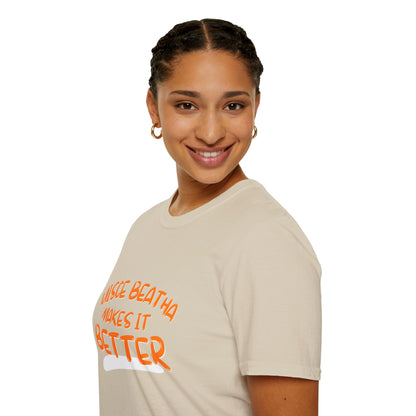 Uisce Beatha makes it better Orange font Light colors Unisex T-Shirt by cypherpunkgear.com