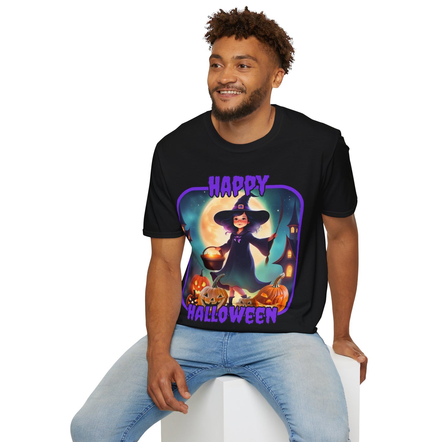 Happy Halloween Little Witch Purple font, Dark colors, Unisex T-Shirt by CreepyCrafts.boo