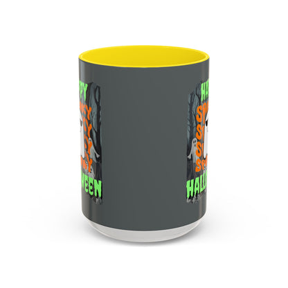 Spooky Happy Halloween Ghost Green font Grey Accent Mug by CreepyCrafts.boo