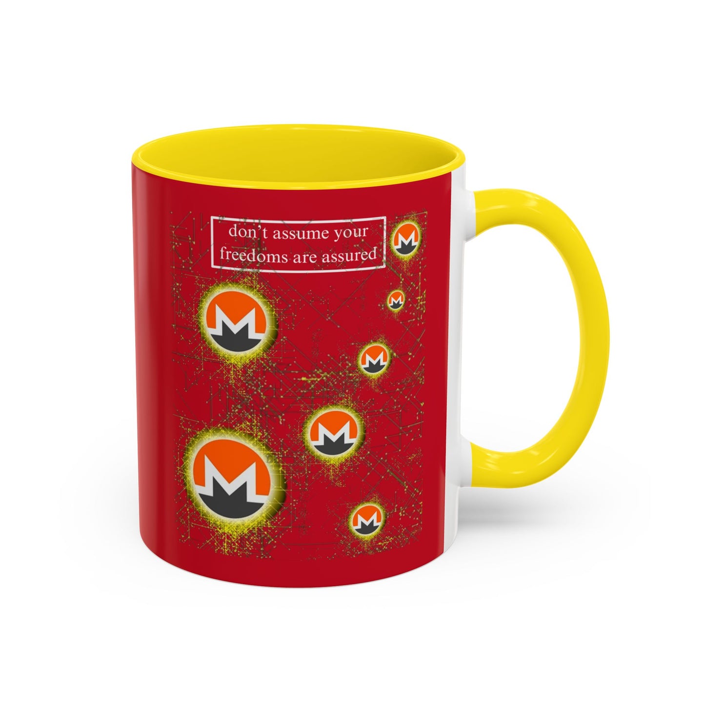Monero (XMR) don't assume your freedoms are assured Red Accent Mug by cypherpunkgear.com