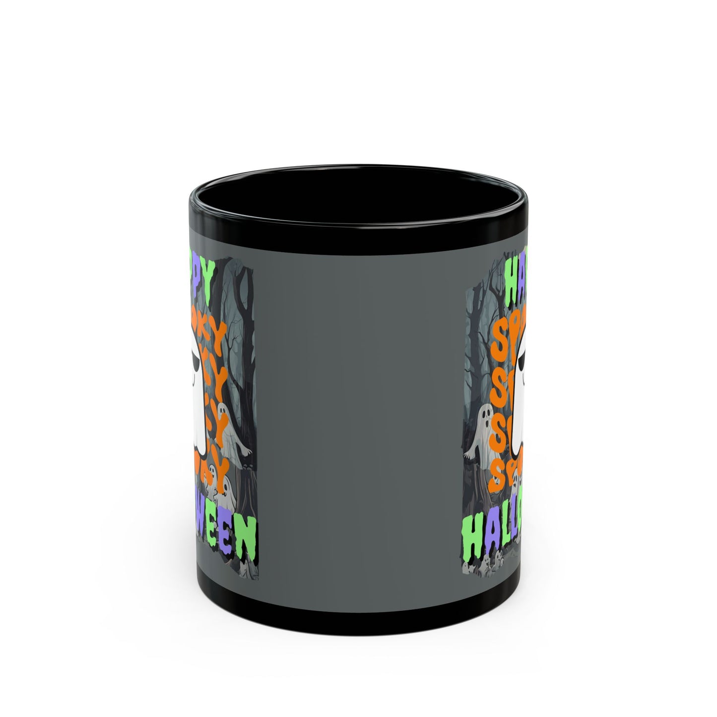 Spooky Happy Halloween Ghost Mixed font Grey Mug by CreepyCrafts.boo
