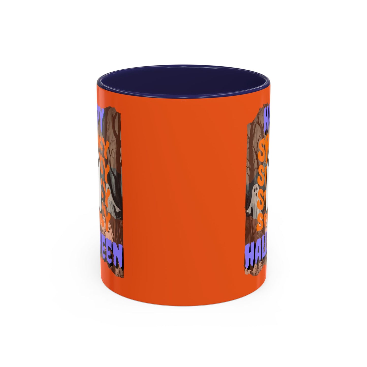 Spooky Happy Halloween Ghost Purple font Orange Accent Mug by CreepyCrafts.boo
