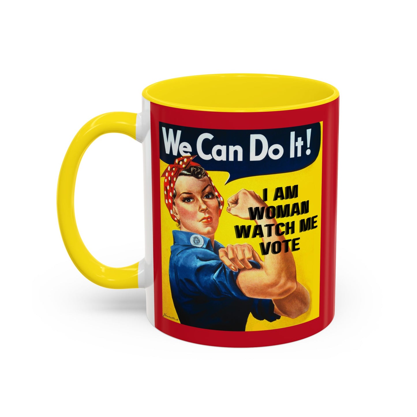 I Am Woman Watch Me Vote Rosie Red Accent Mug by cypherpunkgear.com