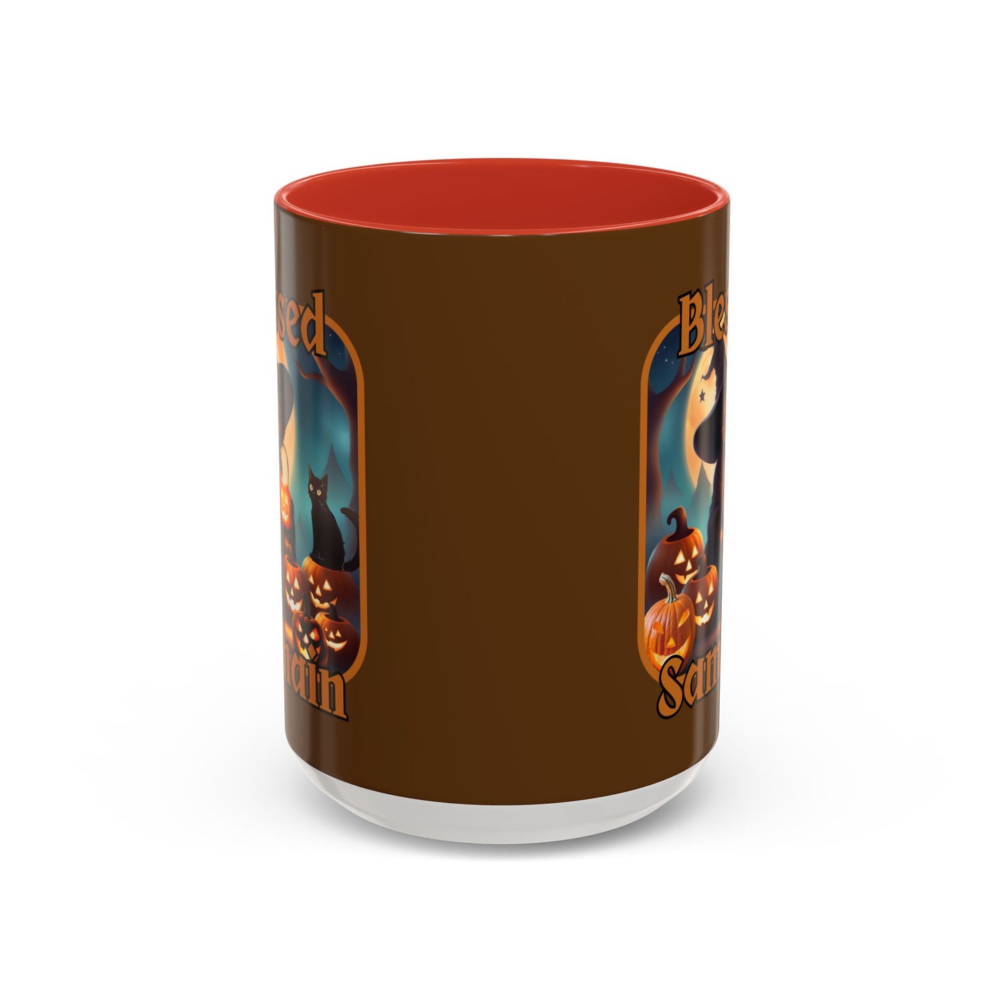 Blessed Samhain Cute Witch Orange font Brown Accent Mug by CreepyCrafts.boo