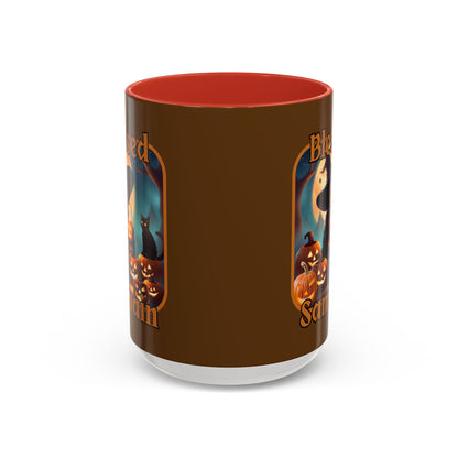 Blessed Samhain Cute Witch Orange font Brown Accent Mug by CreepyCrafts.boo