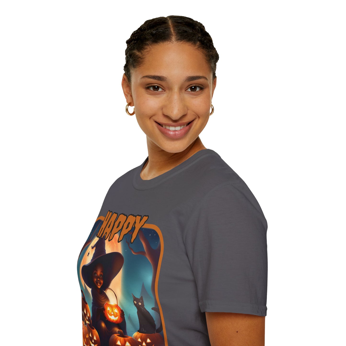 Happy Halloween Cute Witch Orange font, Dark colors, Unisex T-Shirt by CreepyCrafts.boo