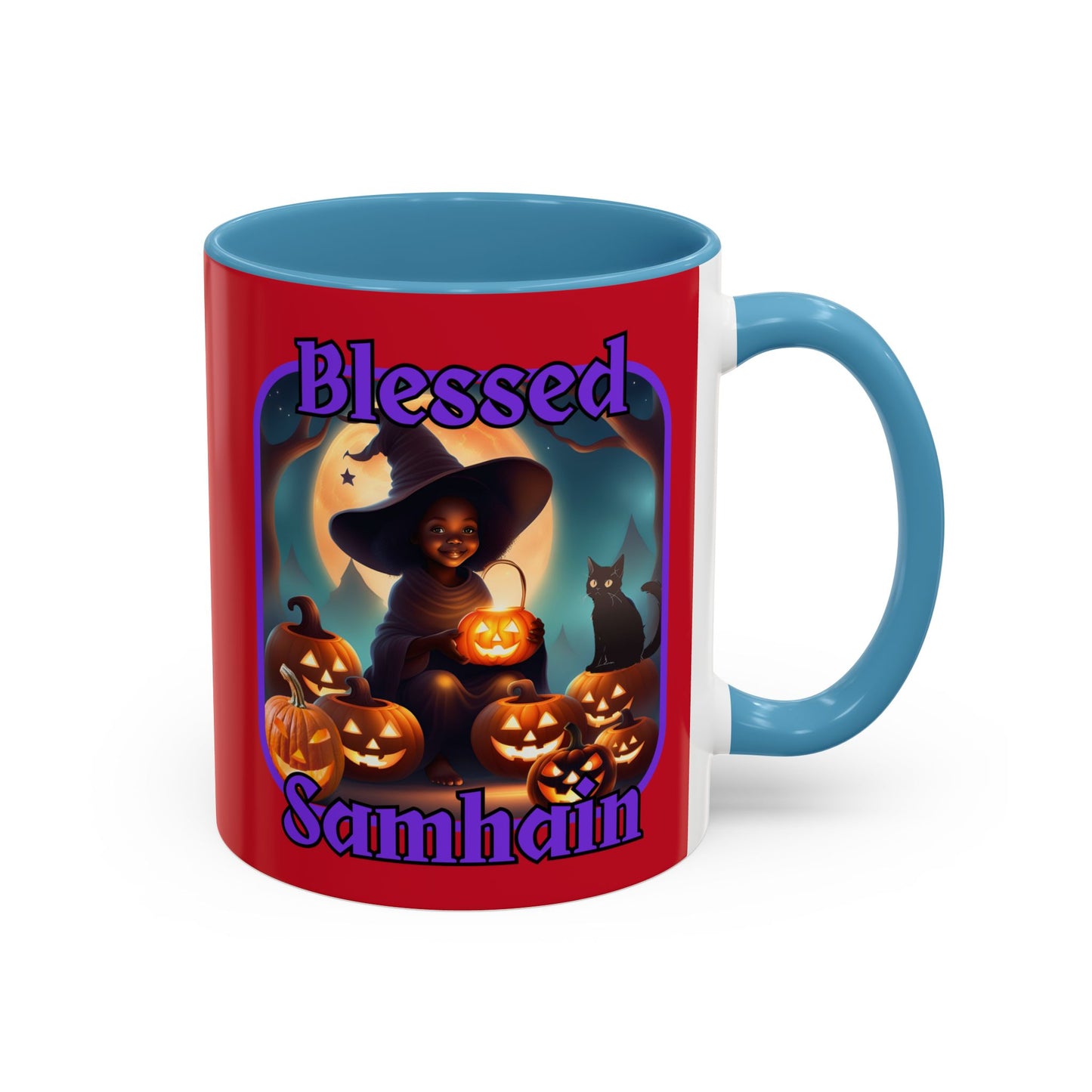 Blessed Samhain Cute Witch Purple font Red Accent Mug by CreepyCrafts.boo