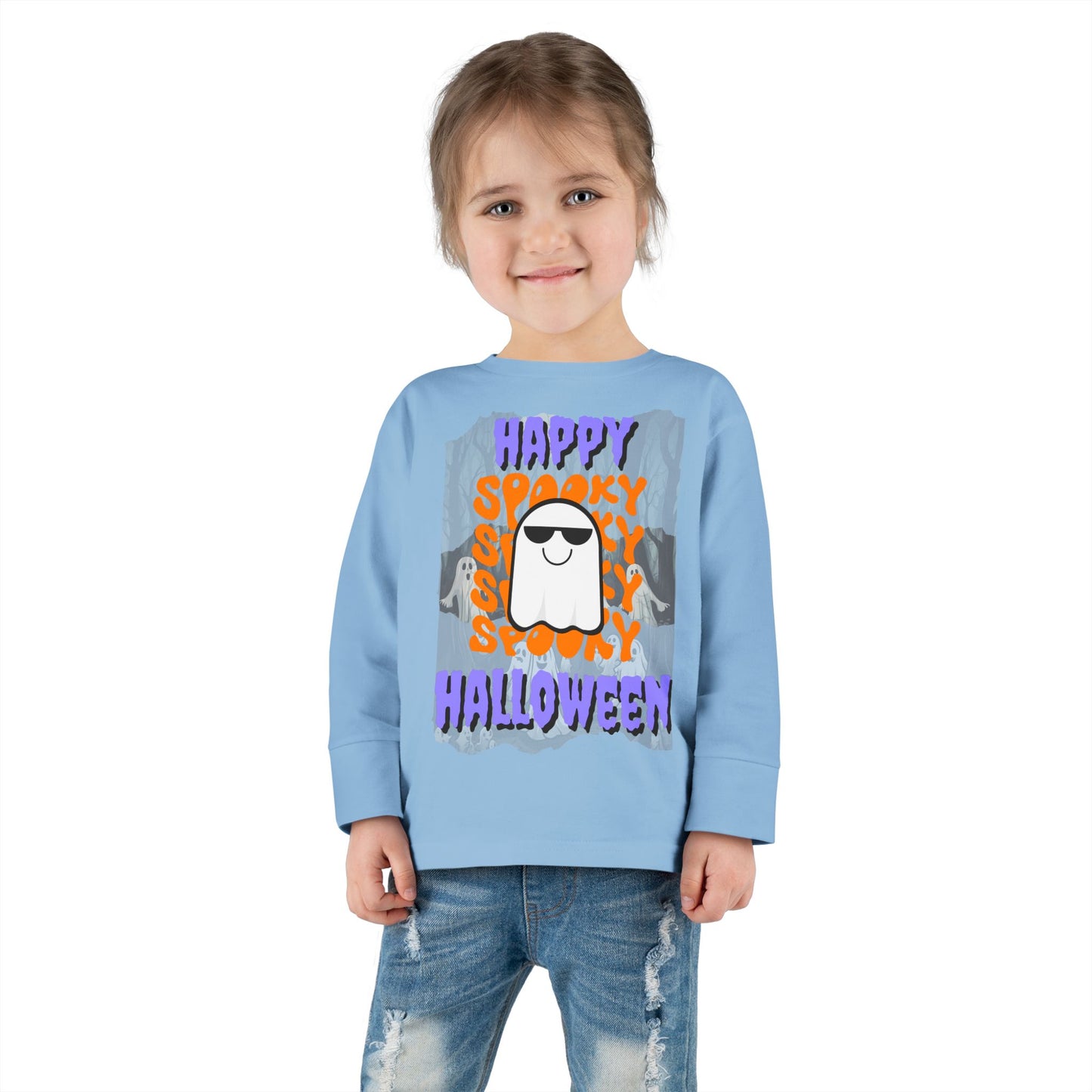 Spooky Happy Halloween Ghost Purple font Toddler Long Sleeve Tee by CreepyCrafts.boo
