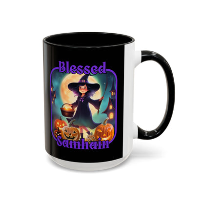 Blessed Samhain Little Witch Purple font Black Accent Mug by CreepyCrafts.boo