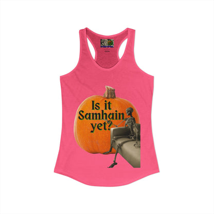 Is It Samhain Yet? Skeleton's Giant Pumpkin Women’s Racerback Tank Top by CreepyCrafts.boo