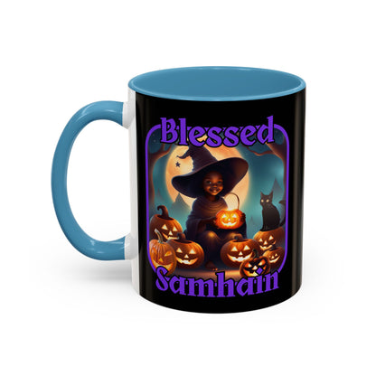 Blessed Samhain Cute Witch Purple font Black Accent Mug by CreepyCrafts.boo
