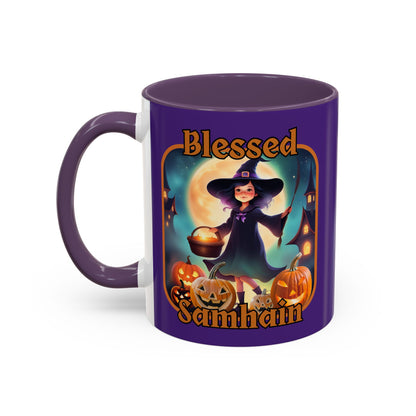Blessed Samhain Little Witch Orange font Purple Accent Mug by CreepyCrafts.boo