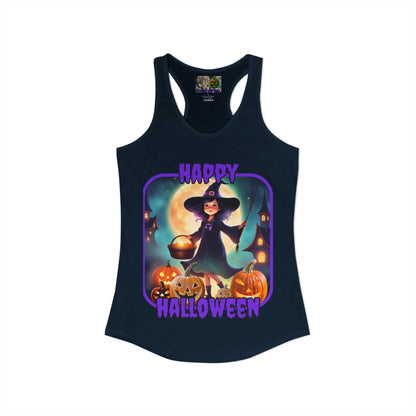 Happy Halloween Little Witch Purple font Women's Racerback Tank Top by CreepyCrafts.boo