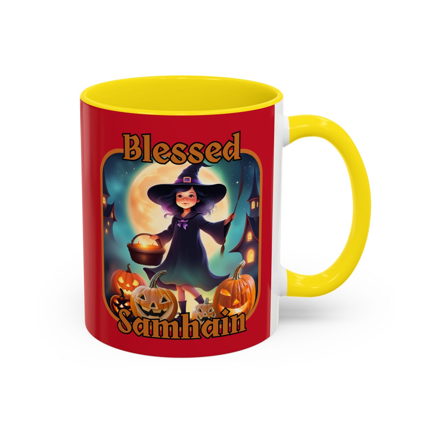 Blessed Samhain Little Witch Orange font Red Accent Mug by CreepyCrafts.boo