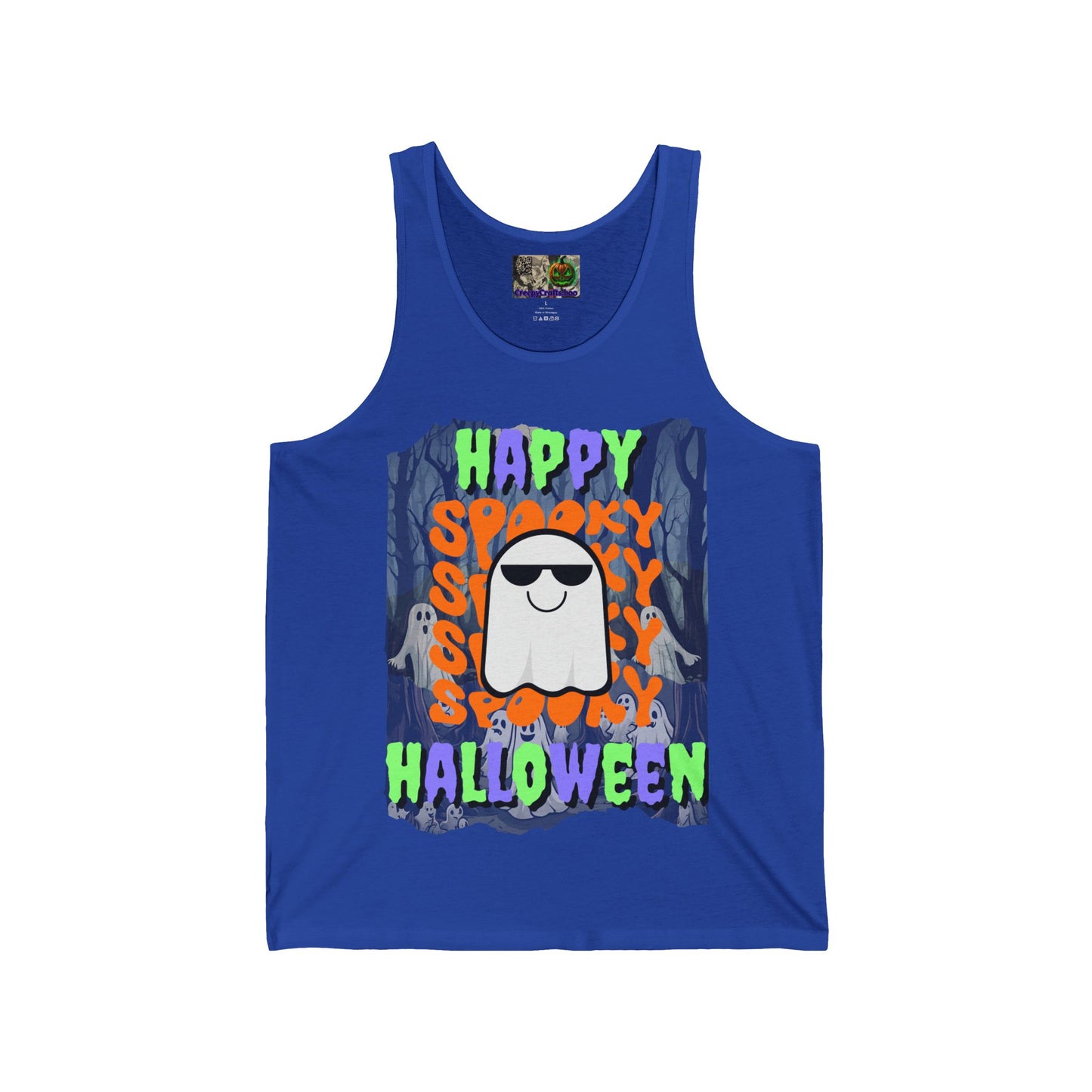 Spooky Happy Halloween Ghost Mixed font Unisex Jersey Tank Top by CreepyCrafts.boo
