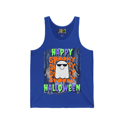 Spooky Happy Halloween Ghost Mixed font Unisex Jersey Tank Top by CreepyCrafts.boo