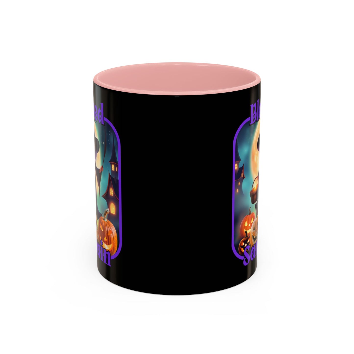Blessed Samhain Little Witch Purple font Black Accent Mug by CreepyCrafts.boo
