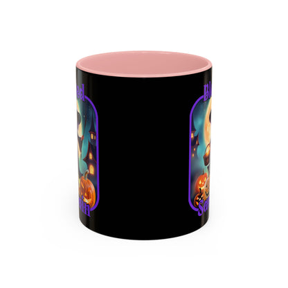 Blessed Samhain Little Witch Purple font Black Accent Mug by CreepyCrafts.boo