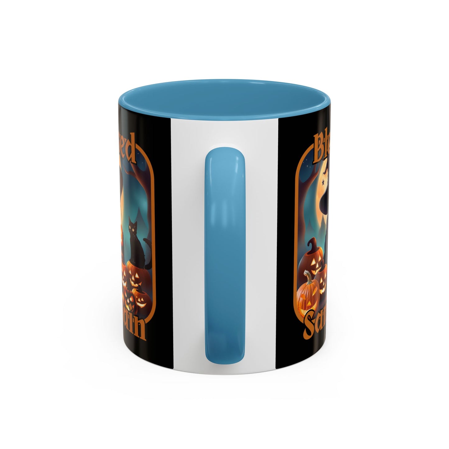 Blessed Samhain Cute Witch Orange font Black Accent Mug by CreepyCrafts.boo