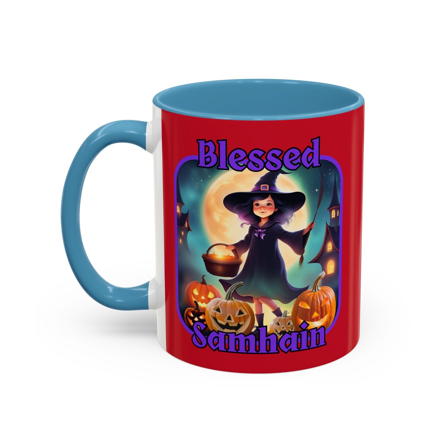 Blessed Samhain Little Witch Purple font Red Accent Mug by CreepyCrafts.boo